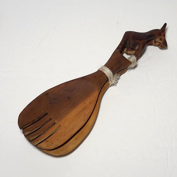 VTG Wooden Giraffe Wooden Salad Serving Set Fork and Spoon Hand Carved - Picture 7 of 12
